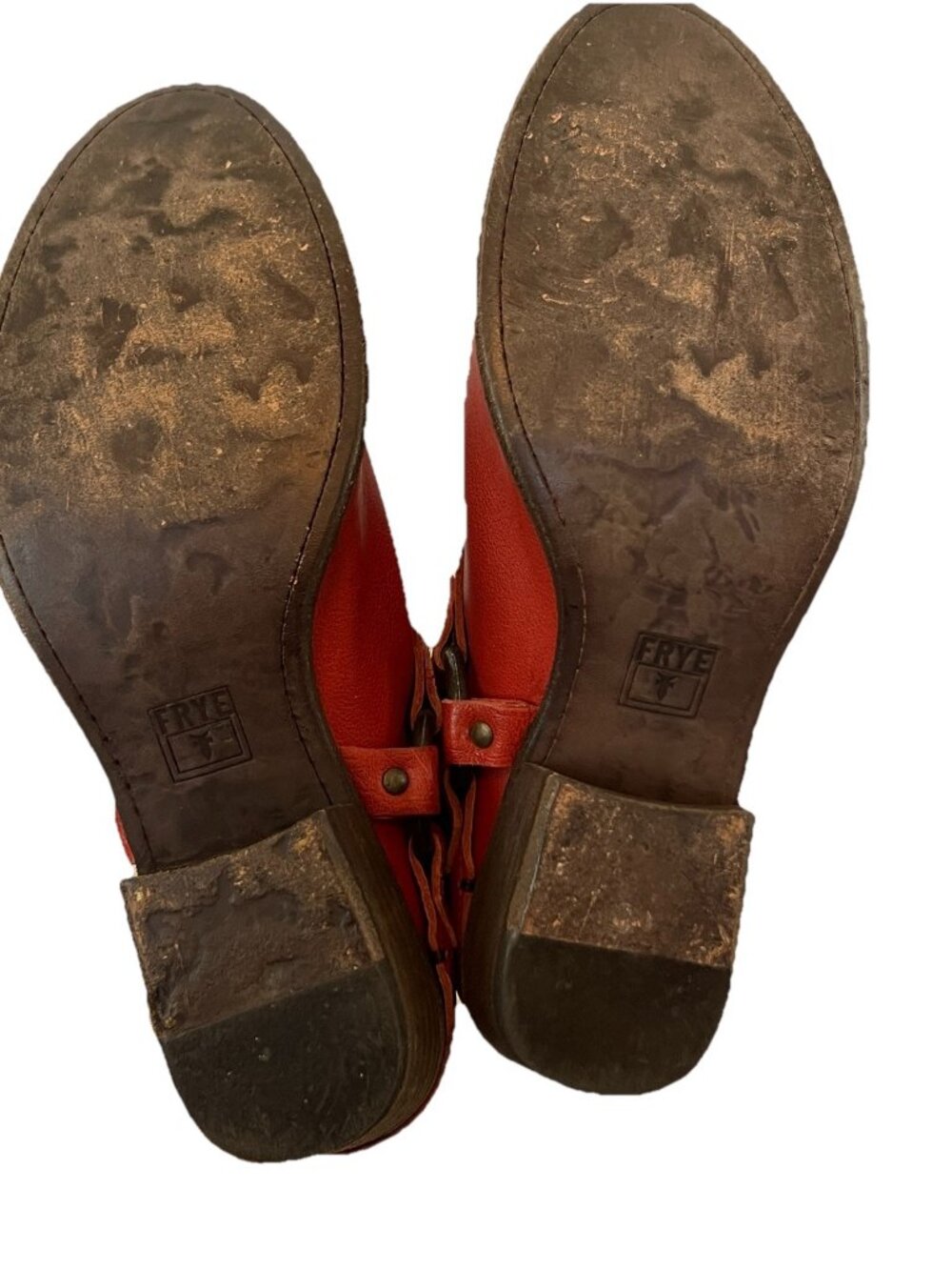 Frye Red Leather Harness Mules 9 Womens Biker Moto Almond Toe Slip On Low Heel - Picture 9 of 11